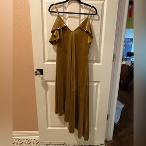 Gold velvet dress w/ ruffled off-shoulder sleeves and asymmetrical hemline
